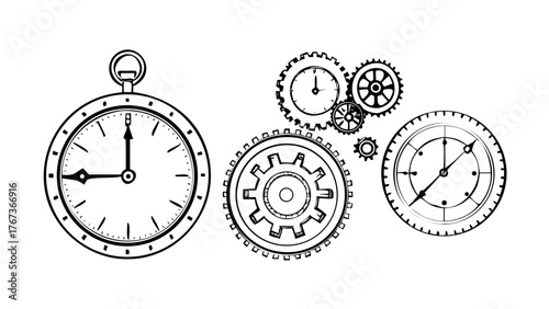 Vector art of a captivating illustration showcasing the intricate beauty of clockwork mechanisms, featuring vintage pocket watches and gears, symbolizing the passage of time and precision engineering