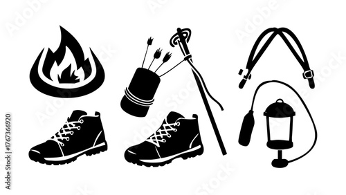 Vector art of hiking and camping gear illustration includes a fire, quiver, shoes, and lantern perfect for outdoor adventure and wilderness themes