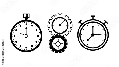 Vector art of a striking vector illustration featuring a collection of clocks and gears, representing time management, precision, and the intricate workings of mechanical systems