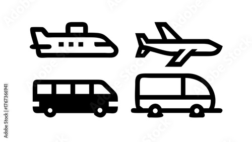 Vector art of a collection of transportation icons, featuring a submarine, an airplane, a bus, and a van, all rendered in a simple black and white vector style