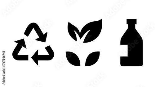 Vector art of a minimalist vector illustration featuring a recycling symbol, a plant with leaves, and a plastic bottle, all in black silhouette, representing environmental awareness
