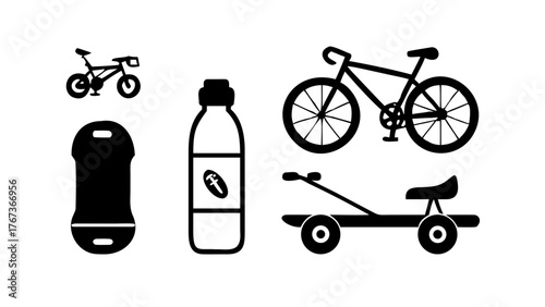 Vector art of a collection of cycling equipment, featuring a balance bike, a water bottle, a bicycle, and a child carrier, all rendered in a simple black and white vector style