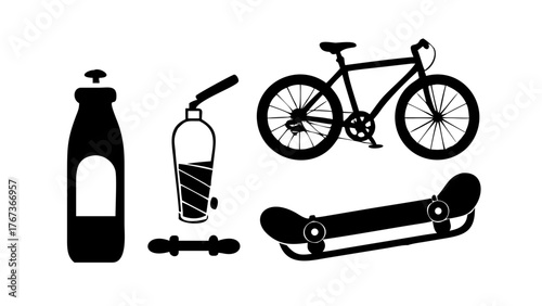 Vector art of a dynamic vector illustration showcasing a collection of sports and recreation equipment, including a water bottle, bicycle, and skateboard, representing an active lifestyle