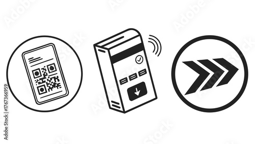Illustration of a contactless payment system with a card reader, smartphone, and various icons indicating wireless communication and transaction