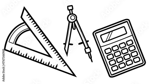 Vector art of detailed illustration of a set square, compass, and calculator, perfect for adding a technical or educational touch to your designs, ideal for math themes