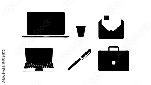 Vector art of essential work tools laptop, cup, envelope, pen, and briefcase are depicted as black vector icons, representing modern office essentials in a minimalist style