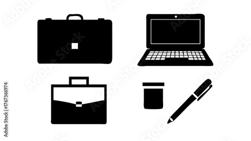 Vector art of office essentials a sleek laptop, a stylish briefcase, a handy pen, and a convenient cup, all meticulously designed as minimalist black vector icons