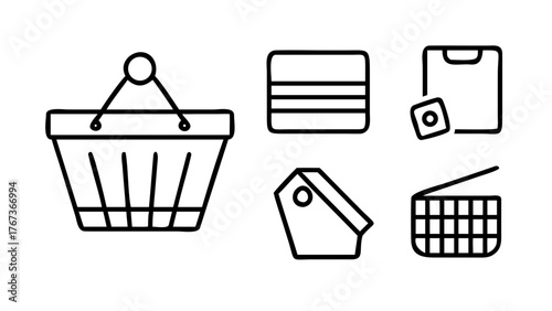 Vector art of a captivating illustration showcasing a shopping basket, credit card, tea bag, color palette, and basket, , perfect for ecommerce and retail themes