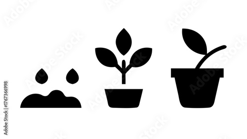 Vector art of stages of plant growth from seed to sprout in pot, depicting the life cycle of a plant, ideal for illustrating gardening, agriculture, and nature concepts