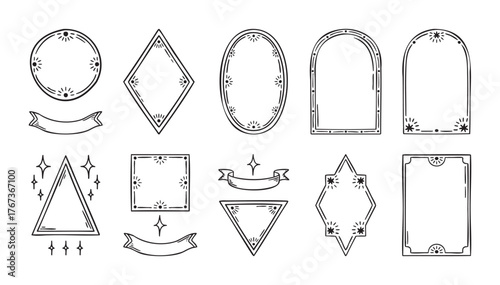 Thin line mystical frames set with stars, medieval boho accents, hand drawn, line art outline, hand drawn