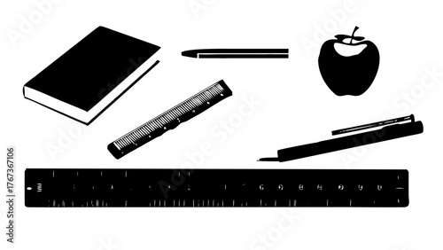 Vector art of a collection of school supplies, including a book, pen, ruler, apple, and stapler, arranged in a simple composition for educational or backtoschool themes