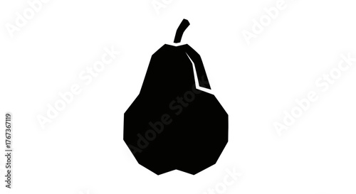 A stylized black silhouette of a pear is set against a white background.