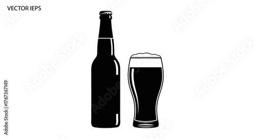 A dark beer bottle stands next to a foaming glass of beer.