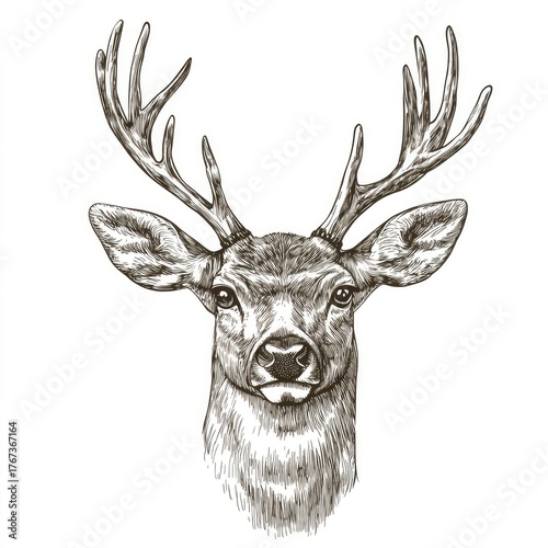 Deer face sketch illustration isolated on white background. Christmas deer. Portrait of beautiful wild animal, doe stag, reindeer. Hunting and travel. Linear engrave vintage style