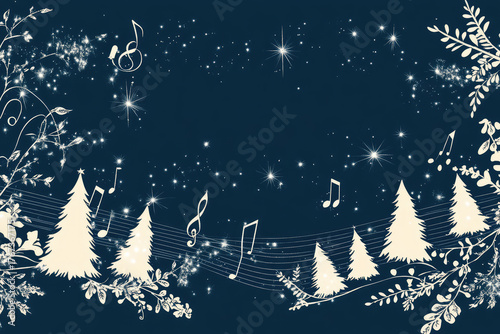 Chic floral border design, navy blue background with white Christmas trees and musical notes, sparkling stars, musical theme Generative AI