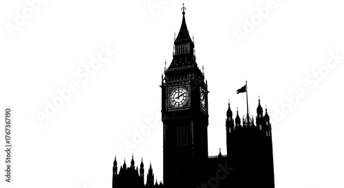 Silhouette of the iconic Big Ben clock tower against a white background.