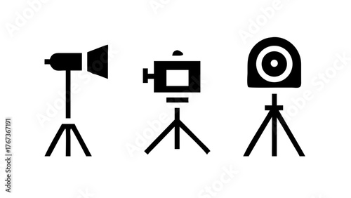 Vector art of studio equipment icons set of studio lighting, camera, and webcam icons professional photography and videography equipment for content creation