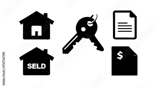 Vector art of real estate transaction icons set of house, key, and document icons symbol of home buying, selling, and ownership transfer