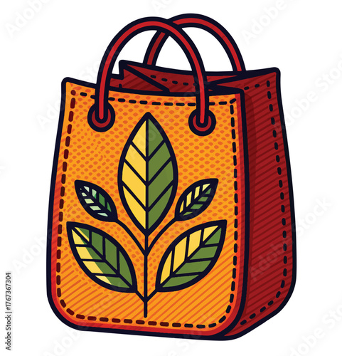 Vibrant eco friendly shopping bag design with green leaf motif, perfect for sustainable commerce and conscious living