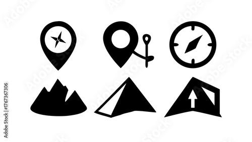 Vector art of outdoor adventure essentials a black and white vector illustration, showcasing icons for mountain exploration, camping, and navigation, perfect for travel and adventure enthusiasts