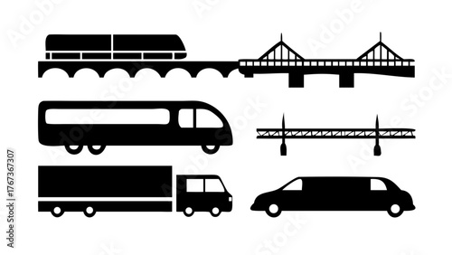 Vector art of transportation and bridge icons set featuring train, bus, truck, limousine, and bridge icons, ideal for transportation and infrastructure related projects