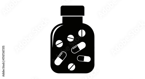 A dark silhouette of a bottle filled with various pills and capsules.