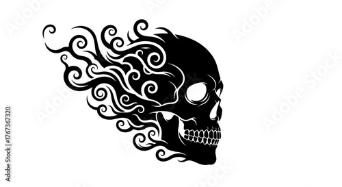 A stylized black skull with flowing, fiery tendrils appears to dissolve into the white background.