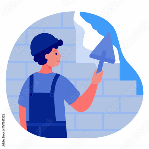 Plasterer with large trowel applying plaster on wall in indoor setting  