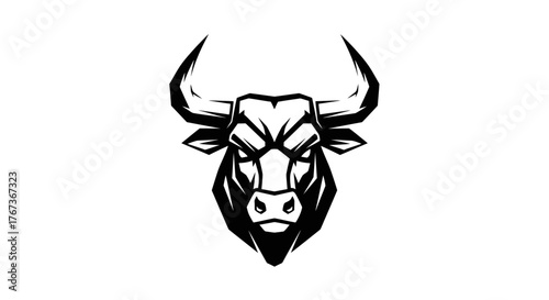 A graphic illustration of a fierce bull's head against a white background.