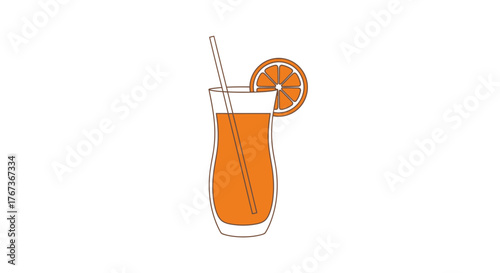 A tall glass of orange juice with a straw and an orange slice.