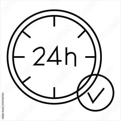 Black outline icon of a clock face with 24h text and a checkmark symbol black and white