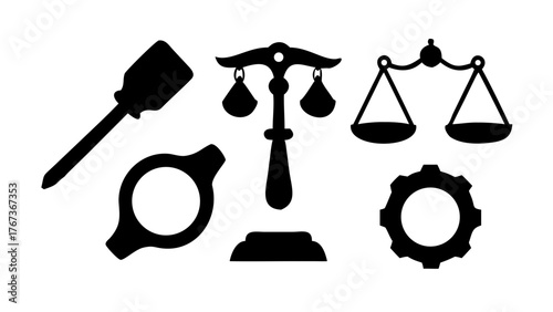 Vector art of a set of black vector icons depicting various legal and mechanical concepts includes scales of justice, a gavel, a gear, and other symbols of law and order