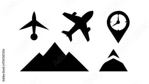 Vector art of various travel icons, including airplanes, mountains, and location markers with clocks, creating a visually appealing and informative travelthemed design