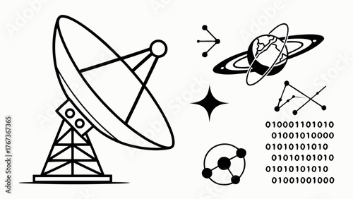 Vector art of a set of science and technology icons, including a satellite dish, planet with rings, and binary code, symbolizing space exploration, data transmission, and scientific research