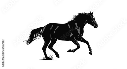 A sleek black horse gallops across a white background, showcasing its powerful physique.