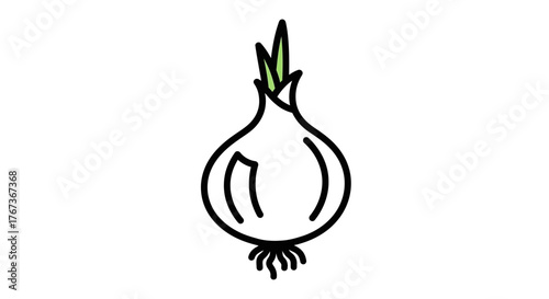A simple line drawing illustration of a single onion on a white background.