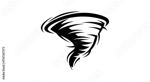 A stylized black and white illustration of a powerful tornado vortex.
