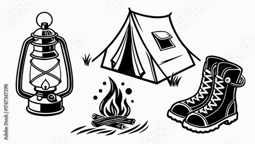 Illustration of camping equipment lantern, tent, campfire, and boots, depicting the essentials for an adventurous and memorable outdoor experience
