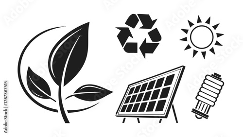 Vector art of illustration showcasing ecofriendly practices, featuring leaves, a recycling symbol, a solar panel, the sun, and a light bulb, symbolizing sustainability and renewable energy