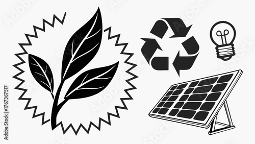 Vector art of illustration showcasing ecofriendly practices, featuring leaves, a recycling symbol, a solar panel, and a light bulb, symbolizing sustainability and renewable energy