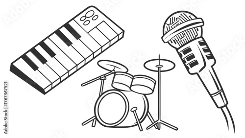 Vector art of a captivating illustration showcasing a keyboard, drum set, and microphone, , perfect for music enthusiasts and creative projects seeking a harmonious blend of instruments