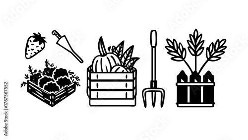 Vector art of line art illustration of various fruits, vegetables, and gardening tools in crates, including strawberries, pumpkins, and a pitchfork