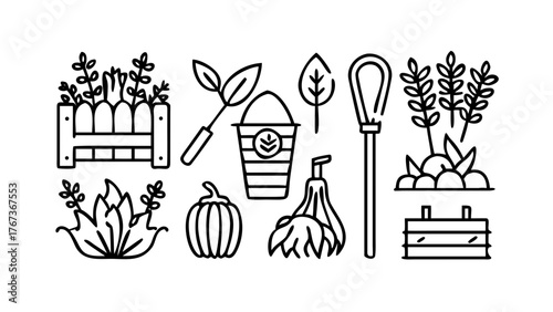 Vector art of set of vector line icons of gardening and farming garden tools, vegetables, fruits, plants, fence, crate, pumpkin, squash, rake, shovel, leaf