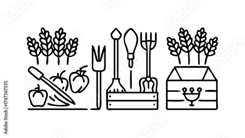 Vector art of line art illustration of gardening tools and fresh produce, including vegetables, wheat, and a crate