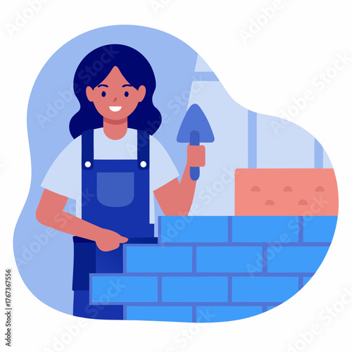 Woman smiling while working as a bricklayer in overalls with bricks  
