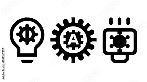 Vector art of set of vector line icons of artificial intelligence light bulb, gear, letter a, chip, circuit, algorithm, machine learning