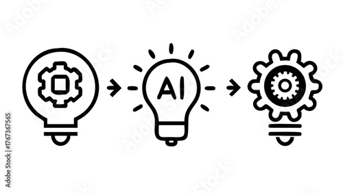 Vector art of set of vector line icons of artificial intelligence light bulb, gear, arrow, letter ai, chip, circuit, algorithm, machine learning