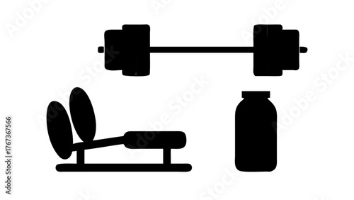 Vector art of gym equipment silhouette a barbell, a weight bench, and a protein supplement, representing fitness, strength training, and nutritional support for workouts