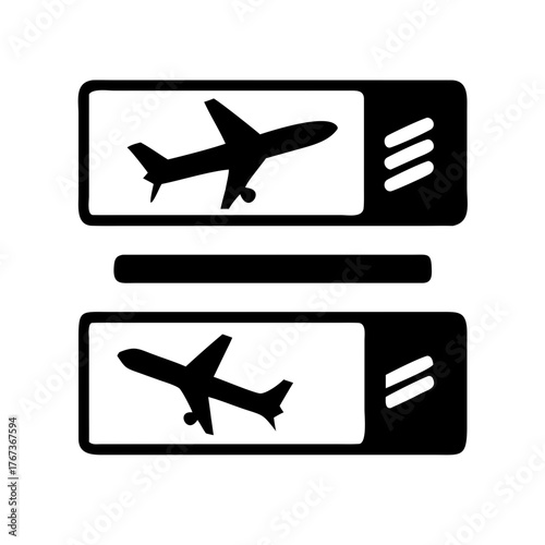 Vector art of two black and white icons show airplanes taking off and landing, the top icon shows a plane taking off, while the bottom icon shows a plane landing