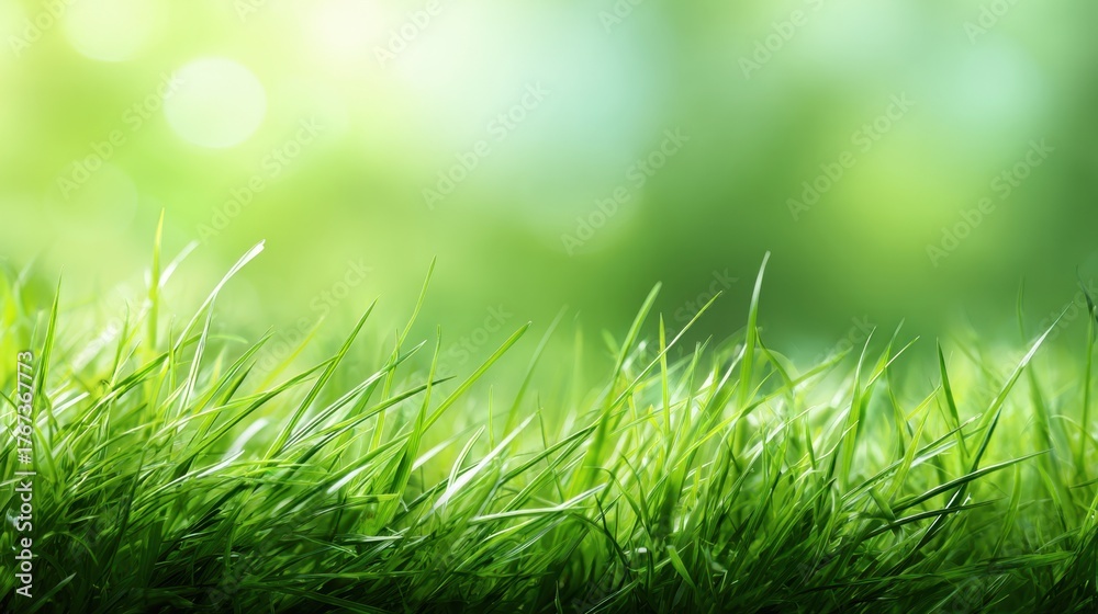 Obraz premium Fresh green blades of grass dance lightly in a warm breeze illuminated by gentle sunlight.